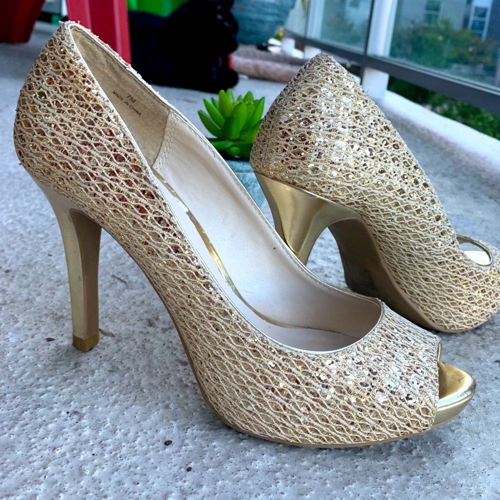 Audrey Brooke Gold Lattice &Sequin High Heels 7